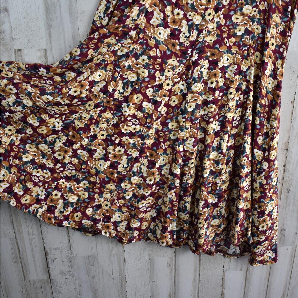 90s Vintage Floral Dress Women's Medium Red Brown Short Sleeve Cottage Grunge M - Picture 5 of 9